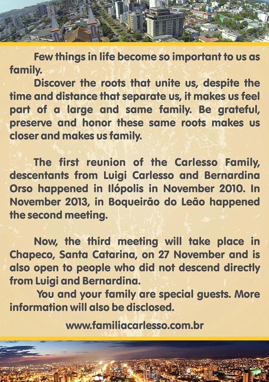 English invitation to the 3rd reunion, recalling the first in Ilópolis in 2010 and the second in Boqueirão do Leão in 2013, and welcoming relatives who do not descend directly from Luigi and Bernardina.
