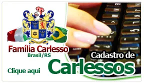Banner reading "Cadastro de Carlessos" (Carlesso register) with the family coat of arms over the Brazilian flag.